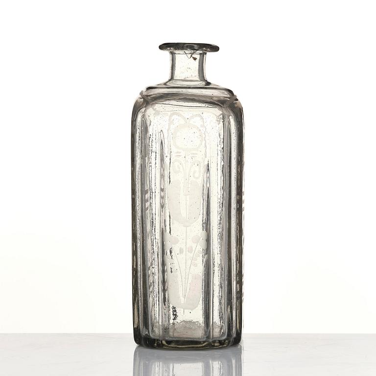 Flaska, glas. Troligen Skånska glasbruket, 1700-tal.