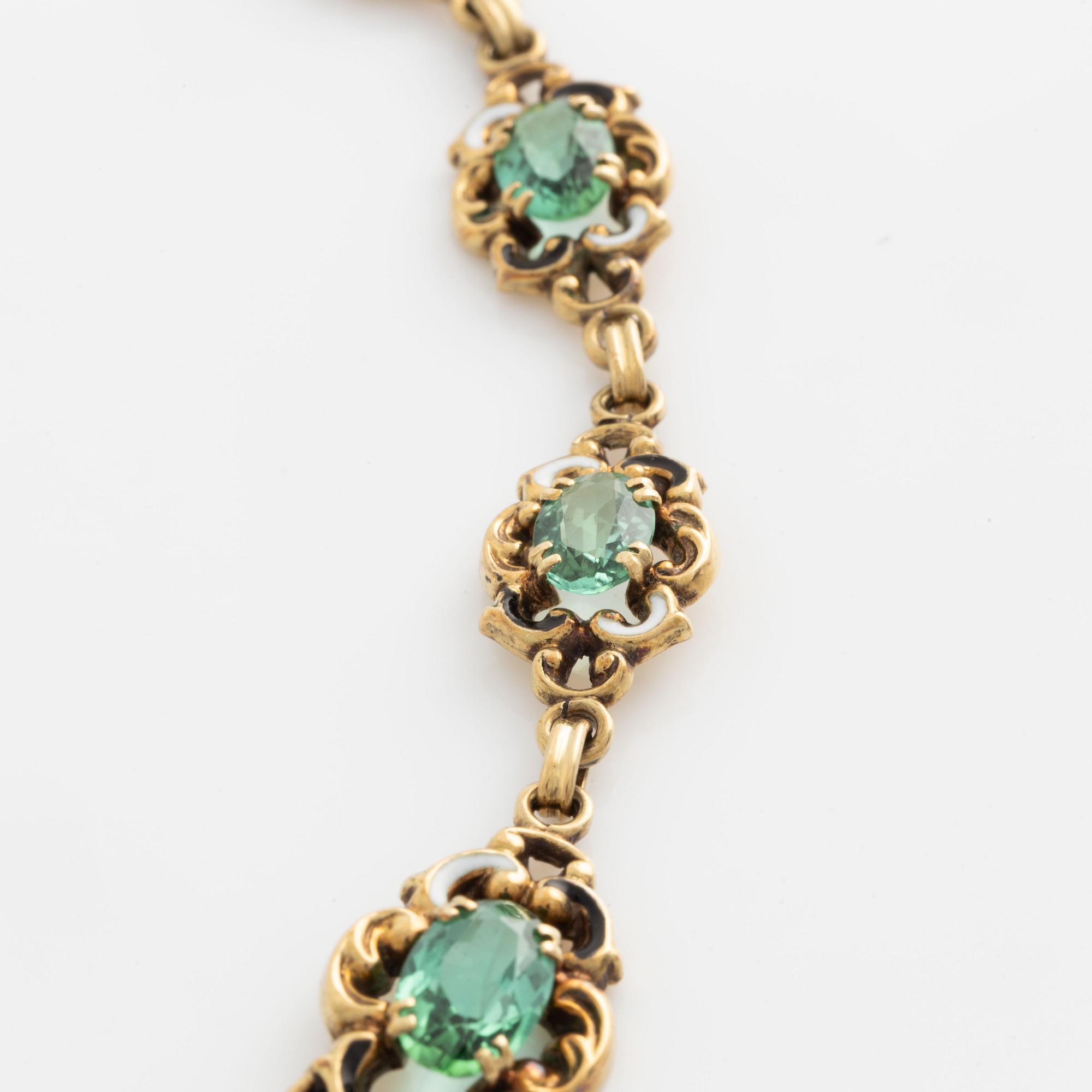 Necklace gold with green tourmalines and enamel.