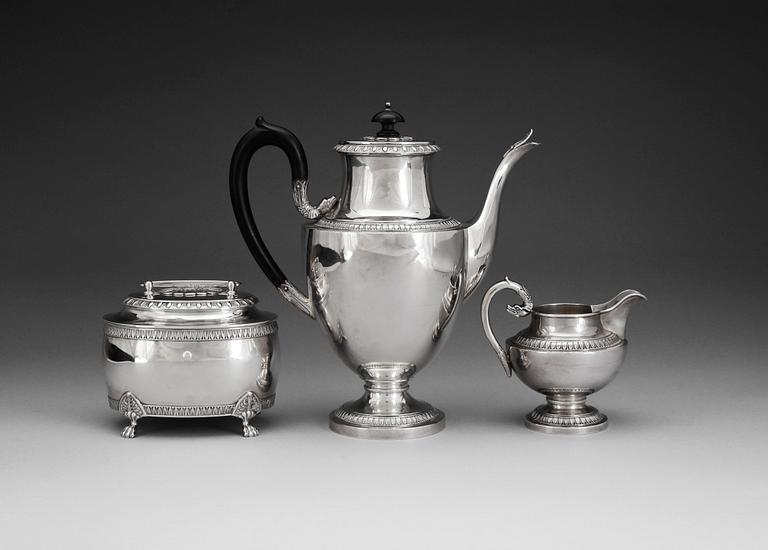 KAFFESERVIS, 3 delar, silver, empirstil, Gustaf Möllenborg, Stockholm 1917. Ca 1540g.