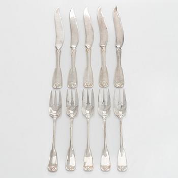 Tiffany & Co, A ten-piece set of  sterling silver fish cutlery, Palm Pattern, first half of the 20th century.