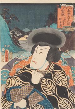 UTAGAWA KUNISADA KOCHORO TOYOKUNI III med fler, träsnitt, 3 st, Japan, 1800-talets andra hälft.