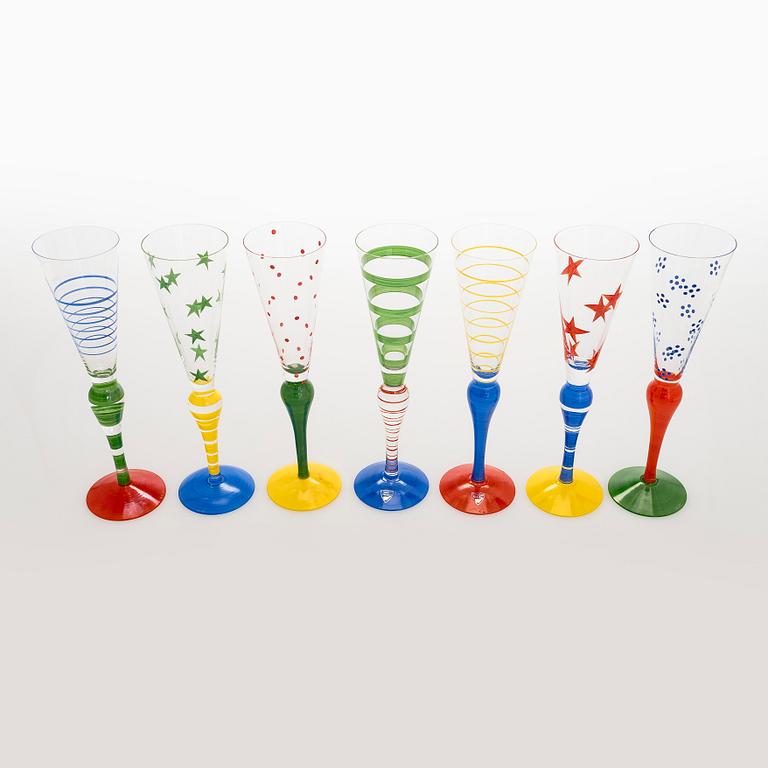 Anne Nilsson, a set of twelve 'Clown' champagne glasses, Orrefors.