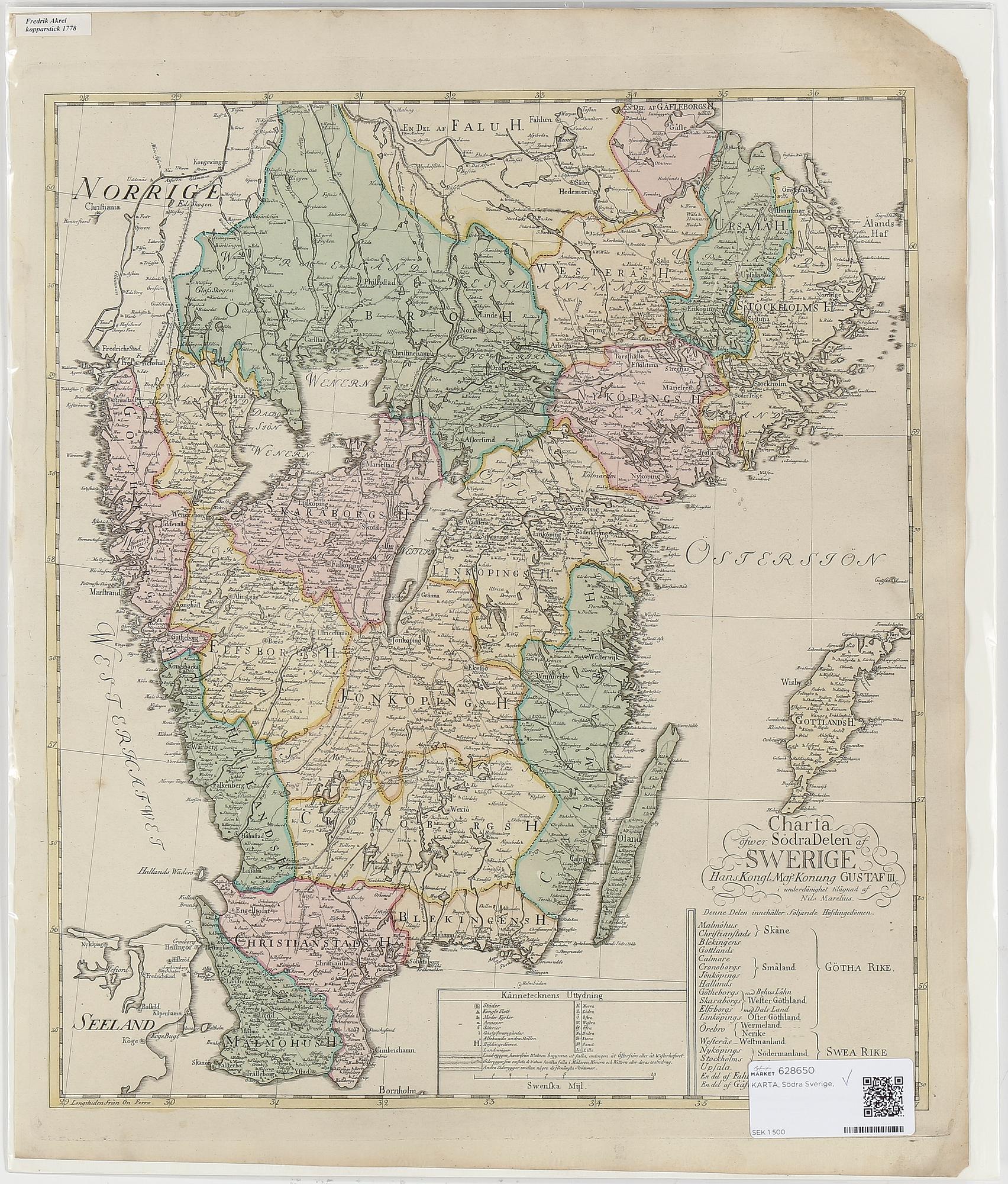 NILS MARELIUS, karta, delvis kolorerat kopparstick, 1700-tal.