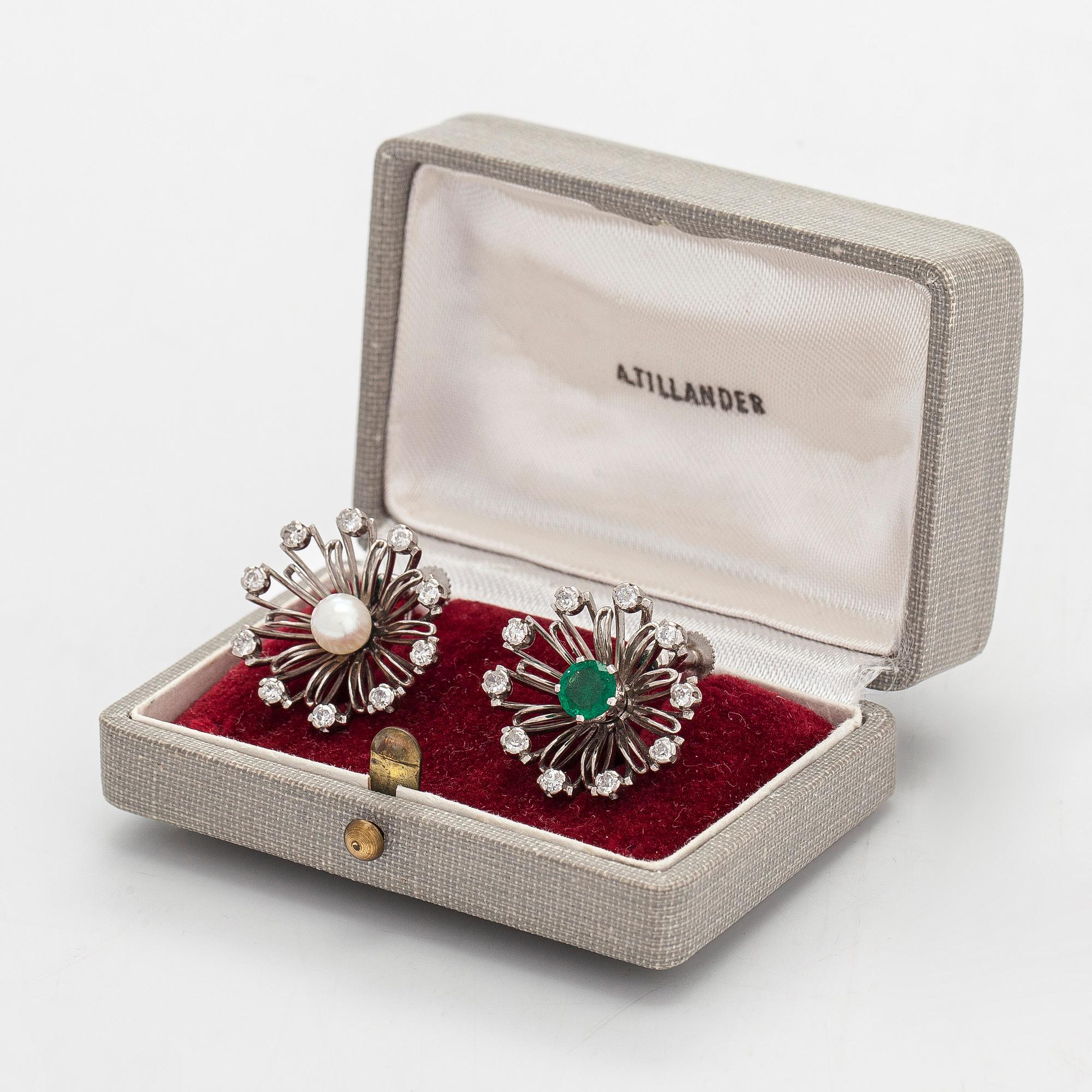 Tillander, a pair of flower earrings in platinum/palladium with octagon-cut diamonds, cultured pearls and emeralds.