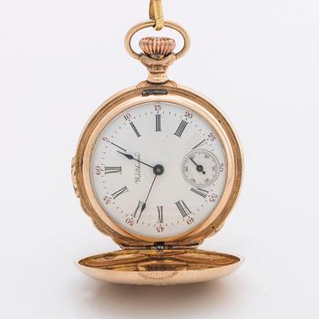 POCKET WATCH 14K gold Waltham and CHAIN 18K gold w 7 old-cut diamonds, 33 mm.