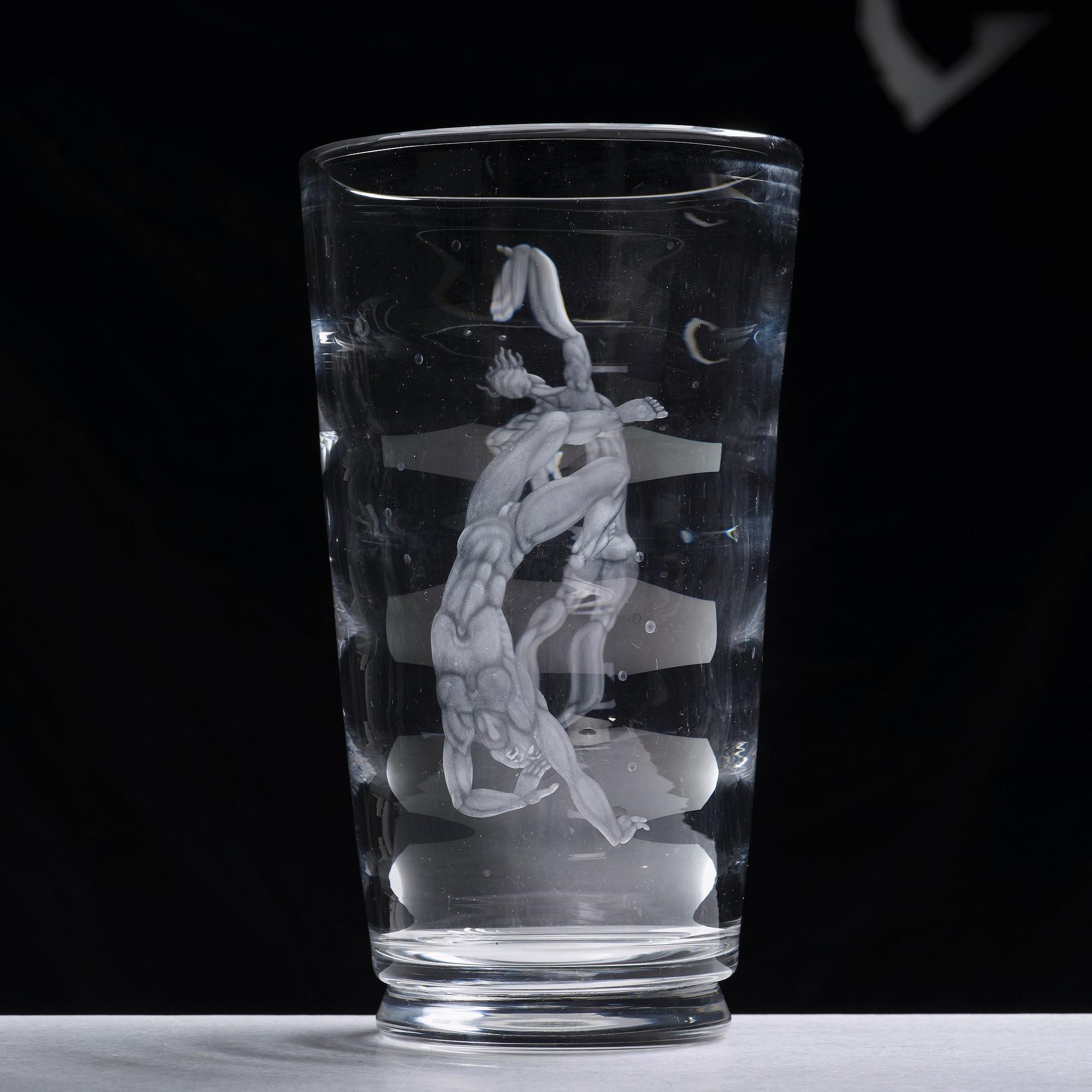 Vicke Lindstrand, an engraved "Pearl fisher" glass vase, Orrefors, Sweden 1956.