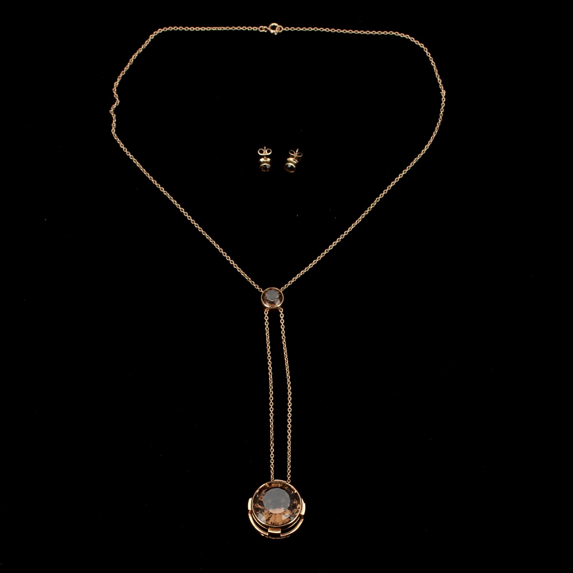 KAULAKORU ja KORVAKORUT, kultaa 14K, viistehiotut savukvartsit, Kaunis Koru/Kalevala Koru 1964. Alkuperäinen rasia.