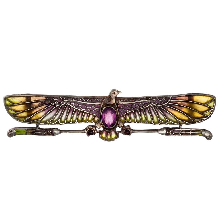 RINTANEULA, 900 hopeaa, plique à jour -emali, ametisti. Brocks & co USA 1930-luku. Leveys 63 mm.
