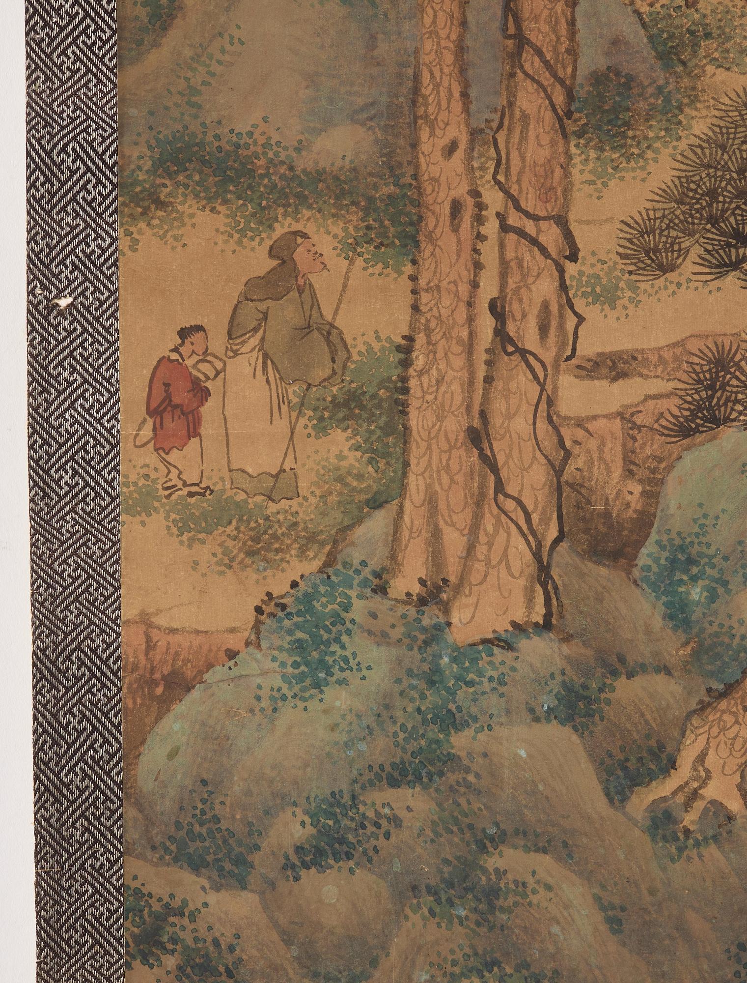 RULLMÅLNING, bergigt flodlanskap i Qian Dus (1764-1844/45) stil, Qingdynastin, sent 1800-tal.
