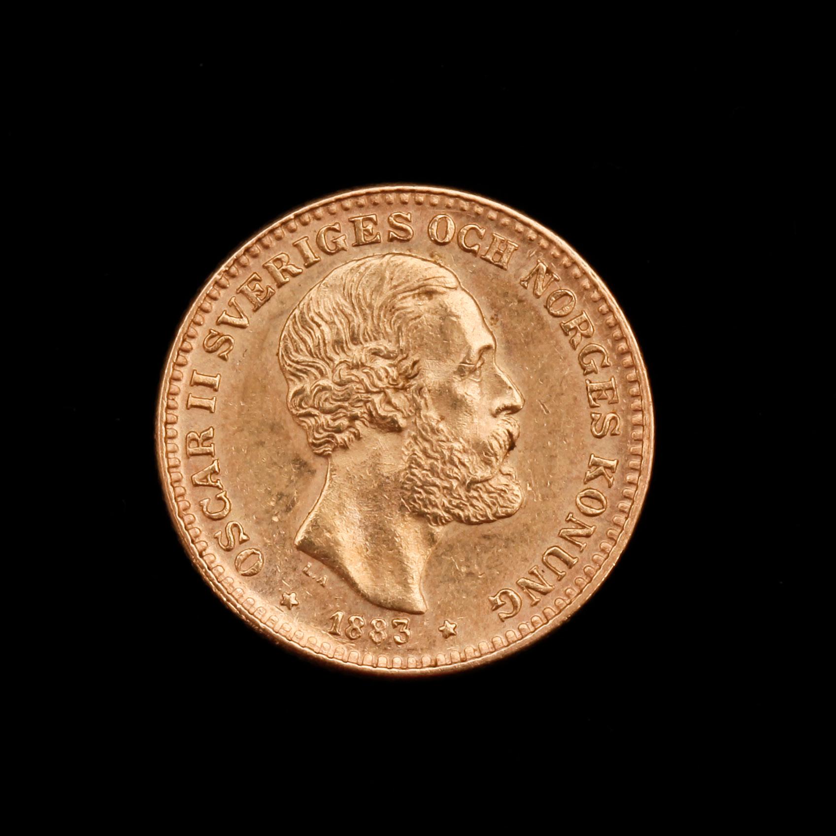 MYNT, guld, 10 kronor, Oscar II Sveriges och Norges konung, 1883. Vikt ca 4,5g.