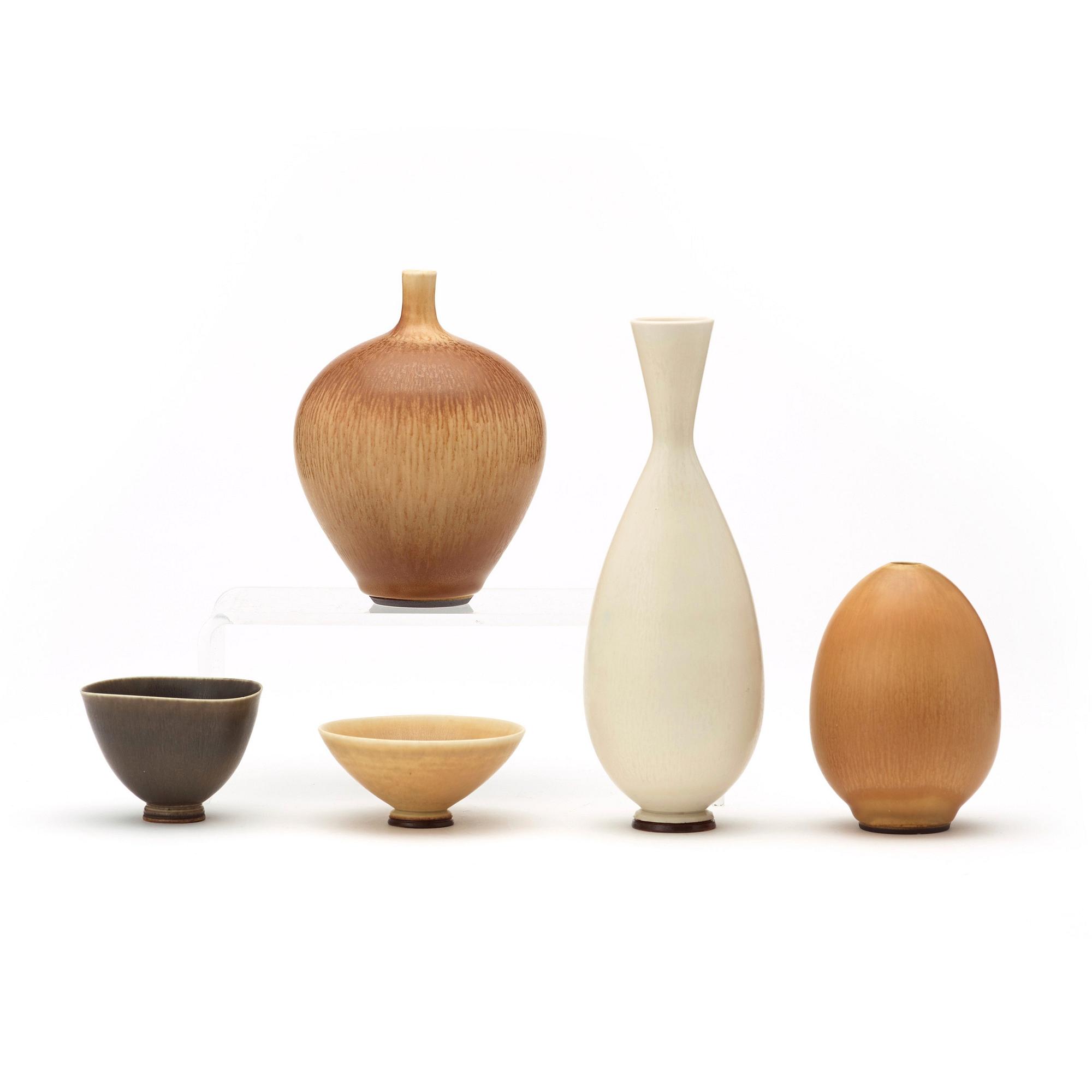 Berndt Friberg, a set of five vases and bowls, Gustavsberg Studio 1944-78.