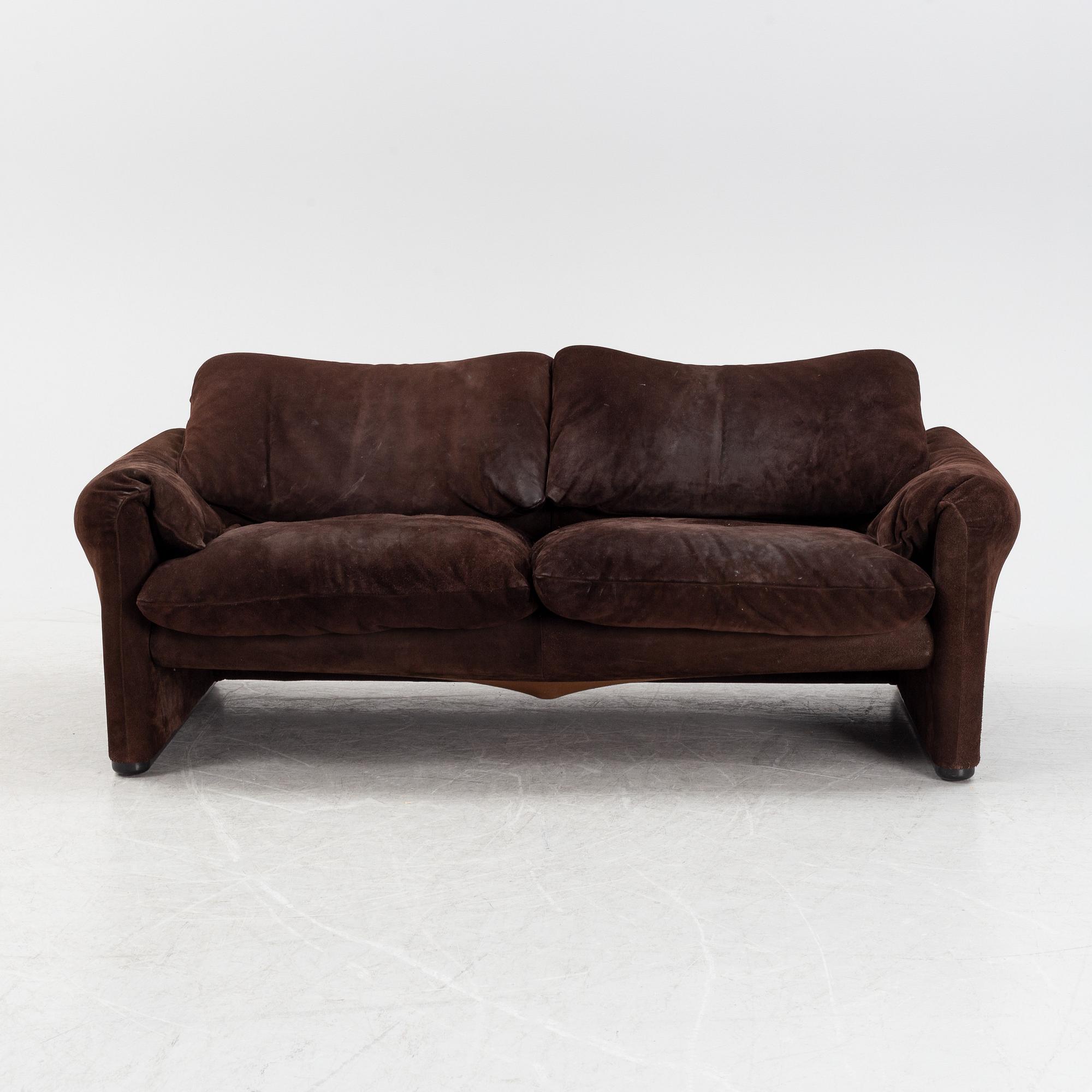 Vico Magistretti, a dark brown suede two-seated 'Maralunga' sofa, Cassina, Italy.