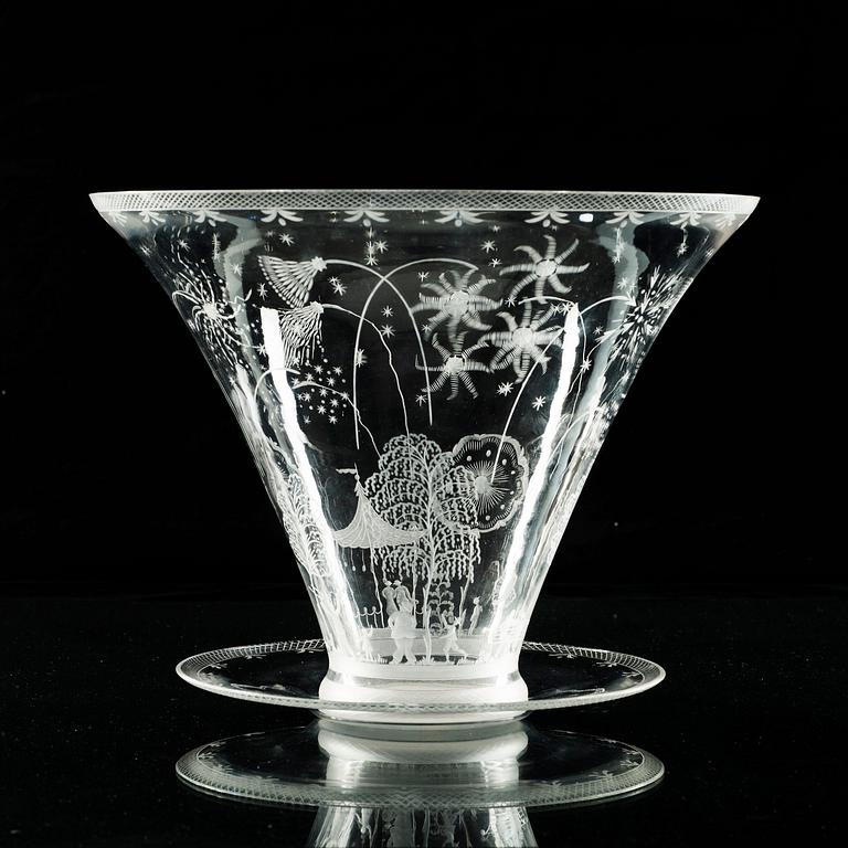 An Edward Hald 'Swedish Grace' engraved bowl and stand, Orrefors, model 248.