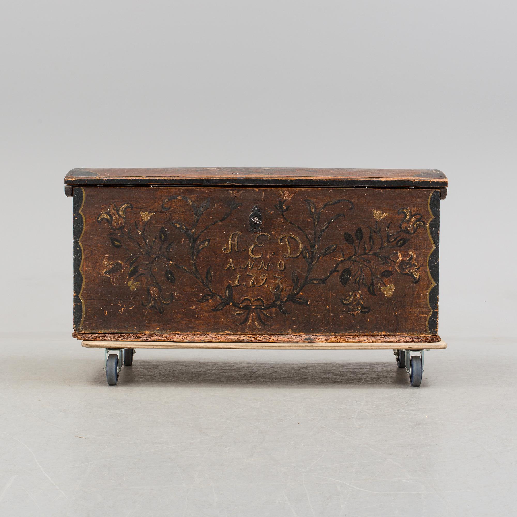 a Swedish folk art chest with the letters A.E.D and dated 1793.
