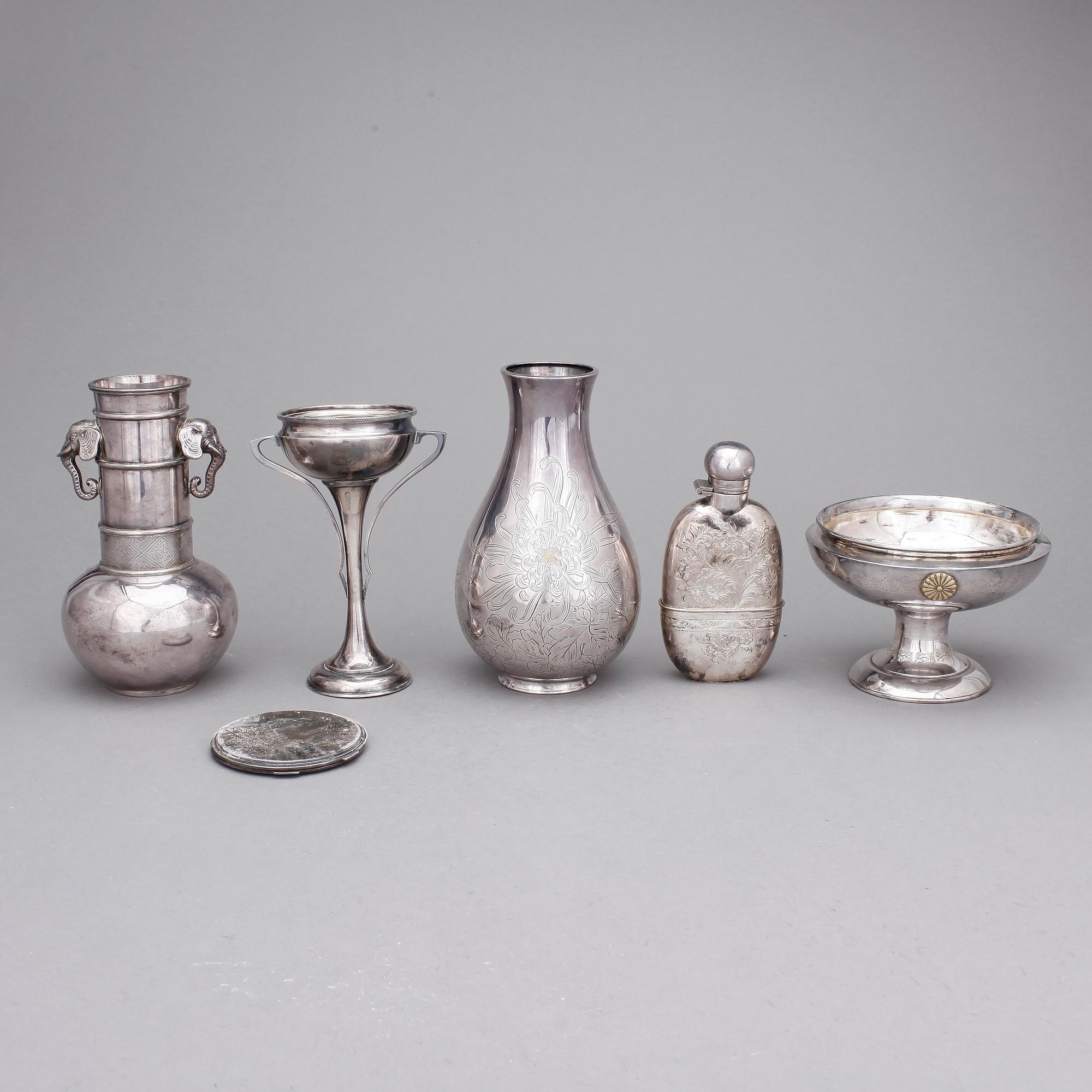 PARTI SILVERFÖREMÅL, 6 st, bla sterling, Japan 1900-tal. Tot ca 1560 gram.