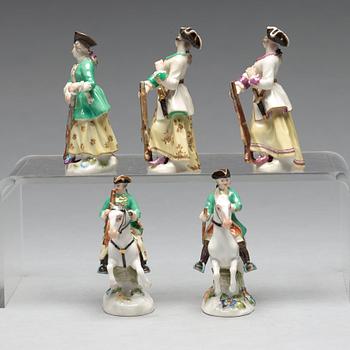 A group of five small figurines of huntsmen, Meissen, 20th Century.