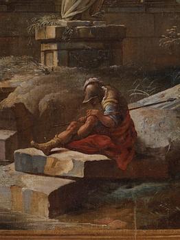 Johan Pasch Attributed to, Panel. Landscape with ruins and figures by a well.