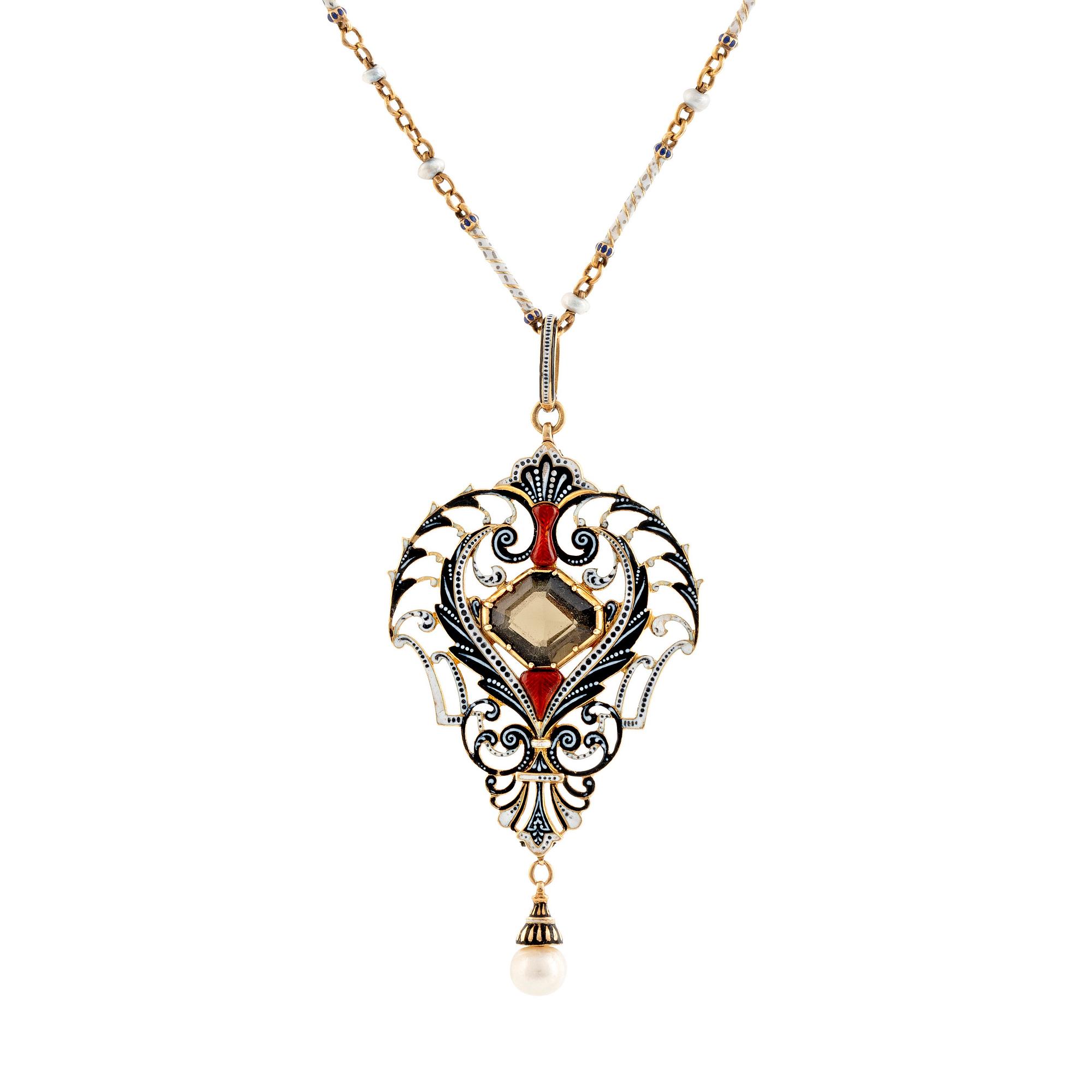 A C Giuliano 18K gold and enamel necklace set with a  faceted tourmaline and a pearl.
