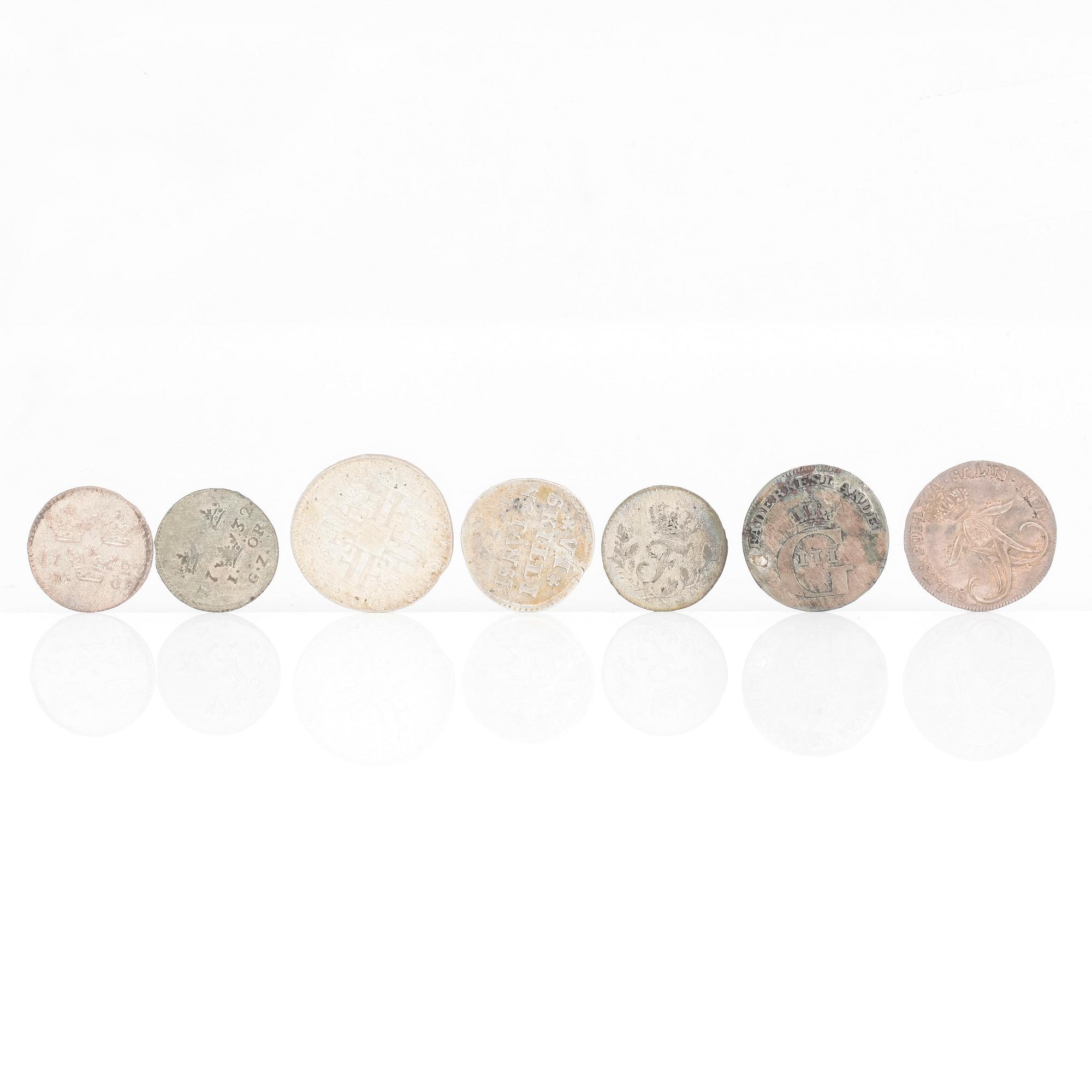 SILVERMYNT, 7 st, mest Sverige, 1678-1778. Vikt tot ca gram.