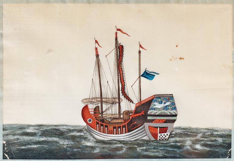 MÅLNINGAR, sex stycken, tusch och akvarell på rispapper. Kina, Qingdynastin, 1800-tal. "Djonker".