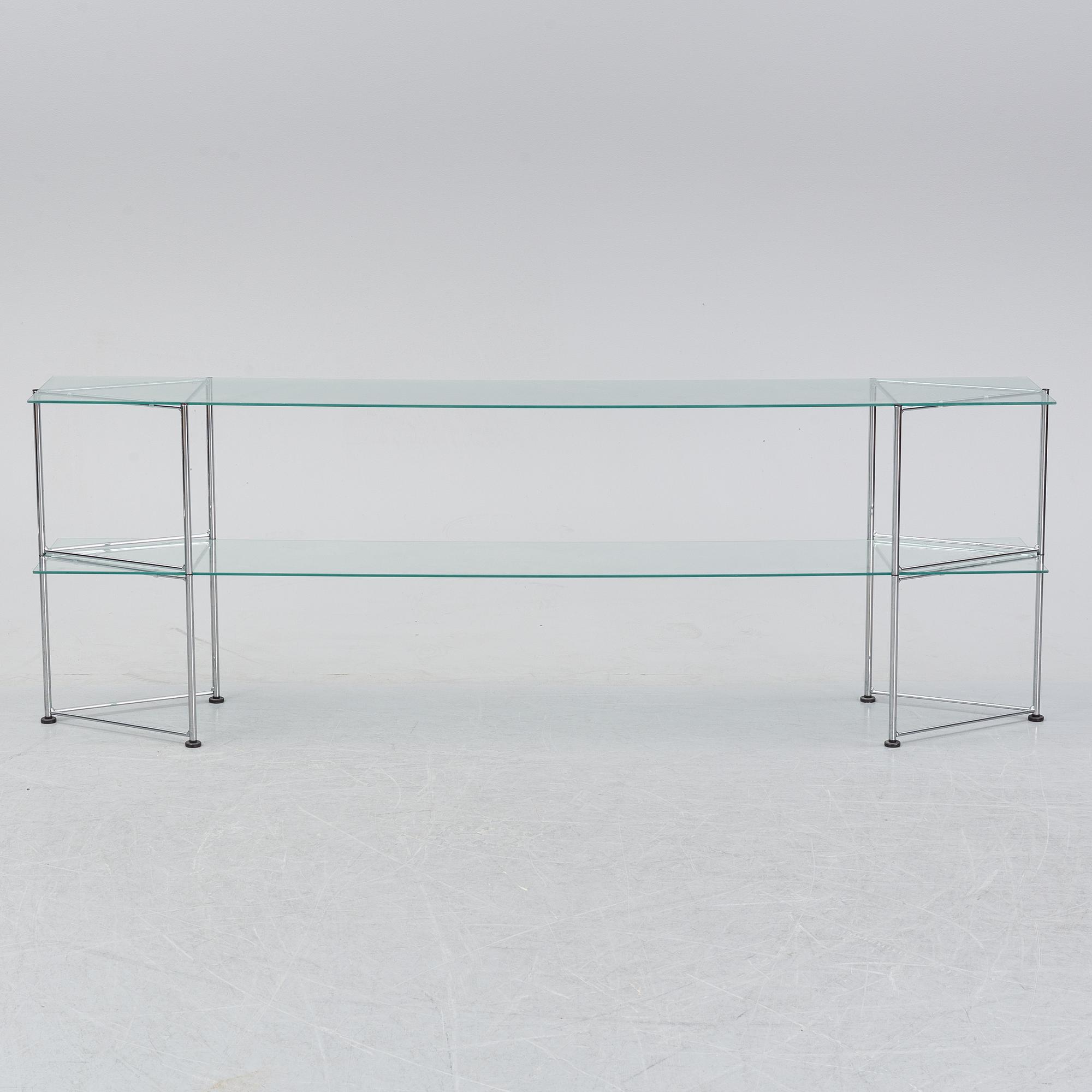 A late 20th century glass and metal shelf / sideboard.