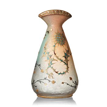 25. Daum, an opalescent etched and enamel painted glass vase, Nancy, France, 1890's.