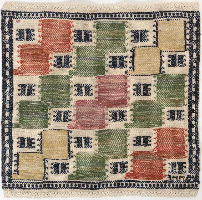 Märta Måås-Fjetterström,  a textile, "Lövendal", flat weave, ca 37 x 38 cm, signed AB MMF.