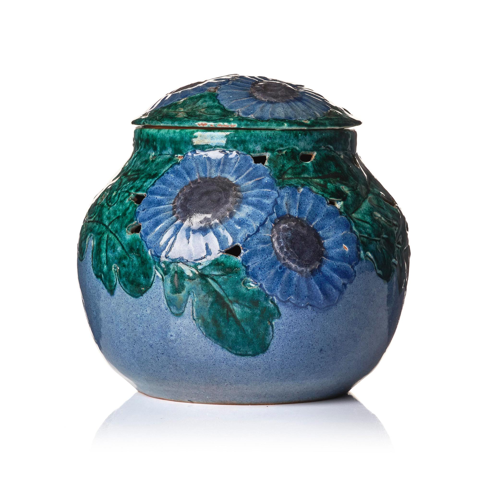 Hilma Persson-Hjelm, a glazed earthenware  art nouveau lidded vase, executed in her own studio, Arvika, 1920, No. 1008.