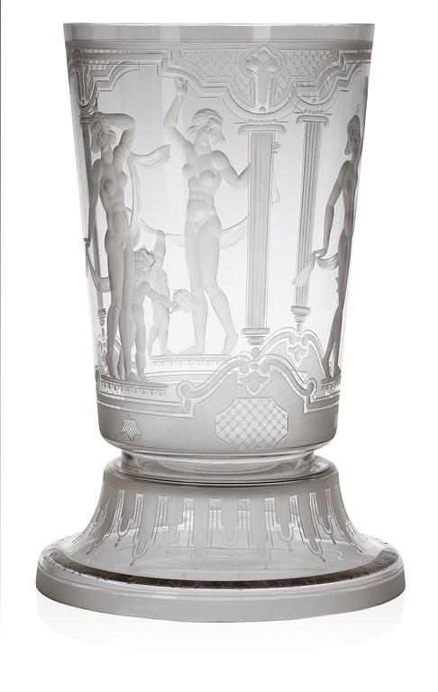An Edvin Ollers engraved glass beaker with stand, Elme 1933.