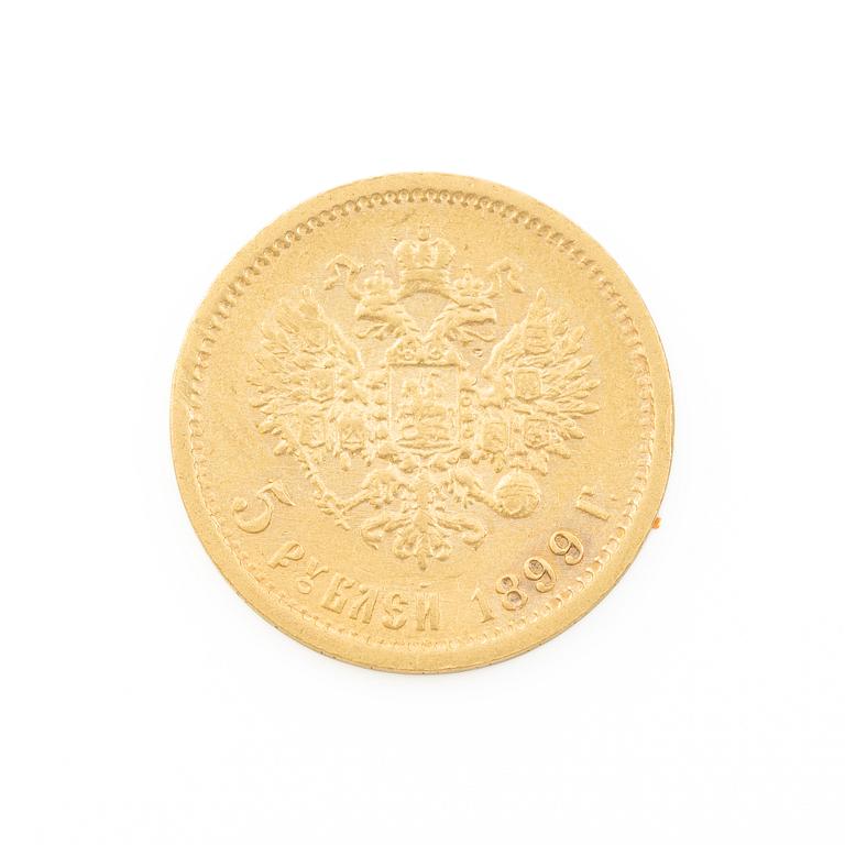 Gold coin, Nicholas II, Russia, 5 Rubles, 1899.