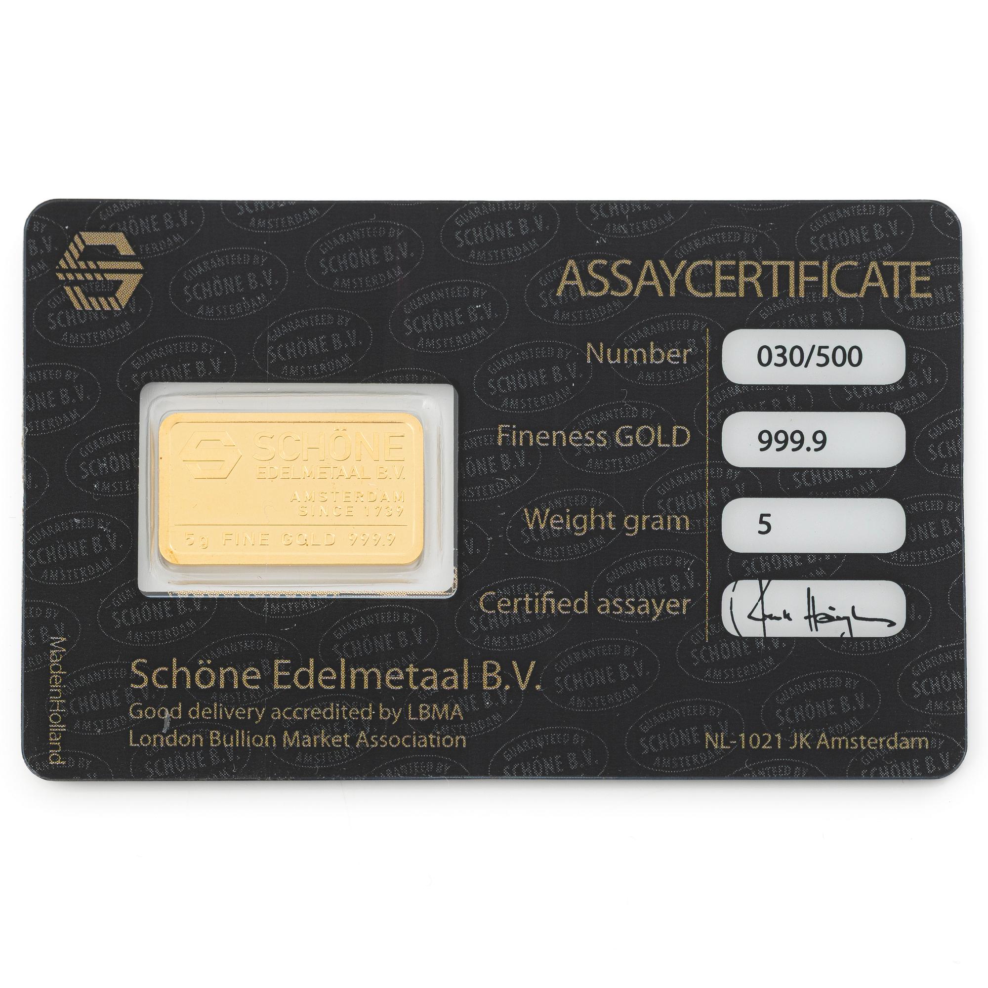 Gold bar, 999.9, “Drottningsholm”, Schöne Edelmetaal.