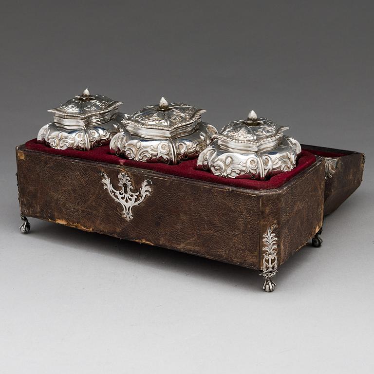 A set of George III sterling silver tea caddies, maker's marks of Thomas Bumfriss & Orlando Jackson London 1766.