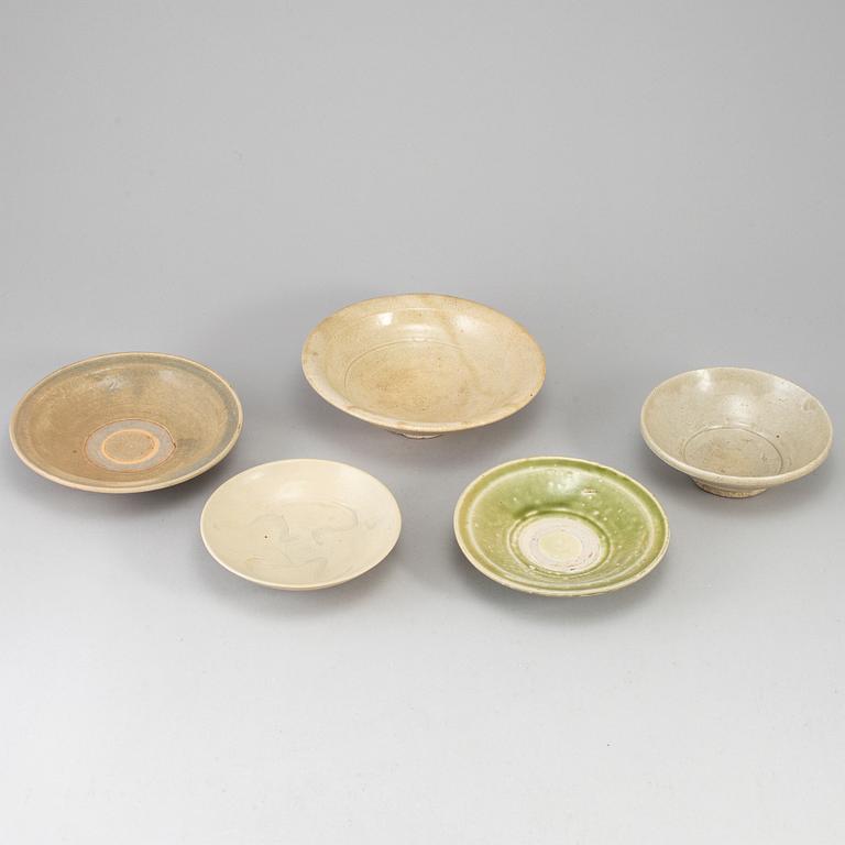 A group of five ceramic dishes, Southeast asia, mostly 19th century.