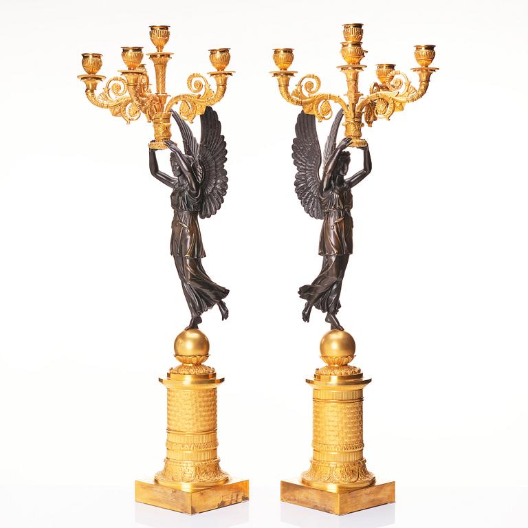 A pair of French Empire five-light candelabra attributed to Pierre Chibout / Chiboust, early 19th century.