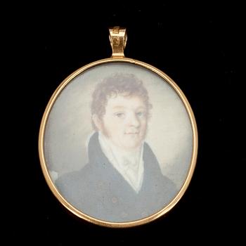 SALOMON HOFLING, signerad. 1800-talets början. Miniatyr föreställande Carl Oscar Björkqvist, guldram 18K.