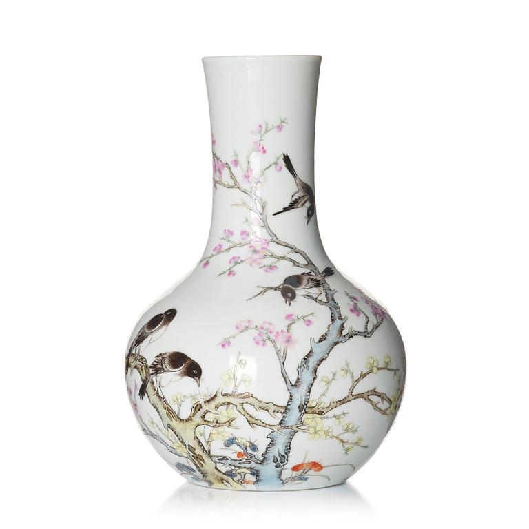 A famille rose 'mag-pies and prunus' vase, late Qing dynasy/Republic with Yongzheng mark.