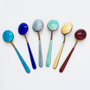 Tillander, a set of six enamelled gilt silver spoons, Helsinki 1968.