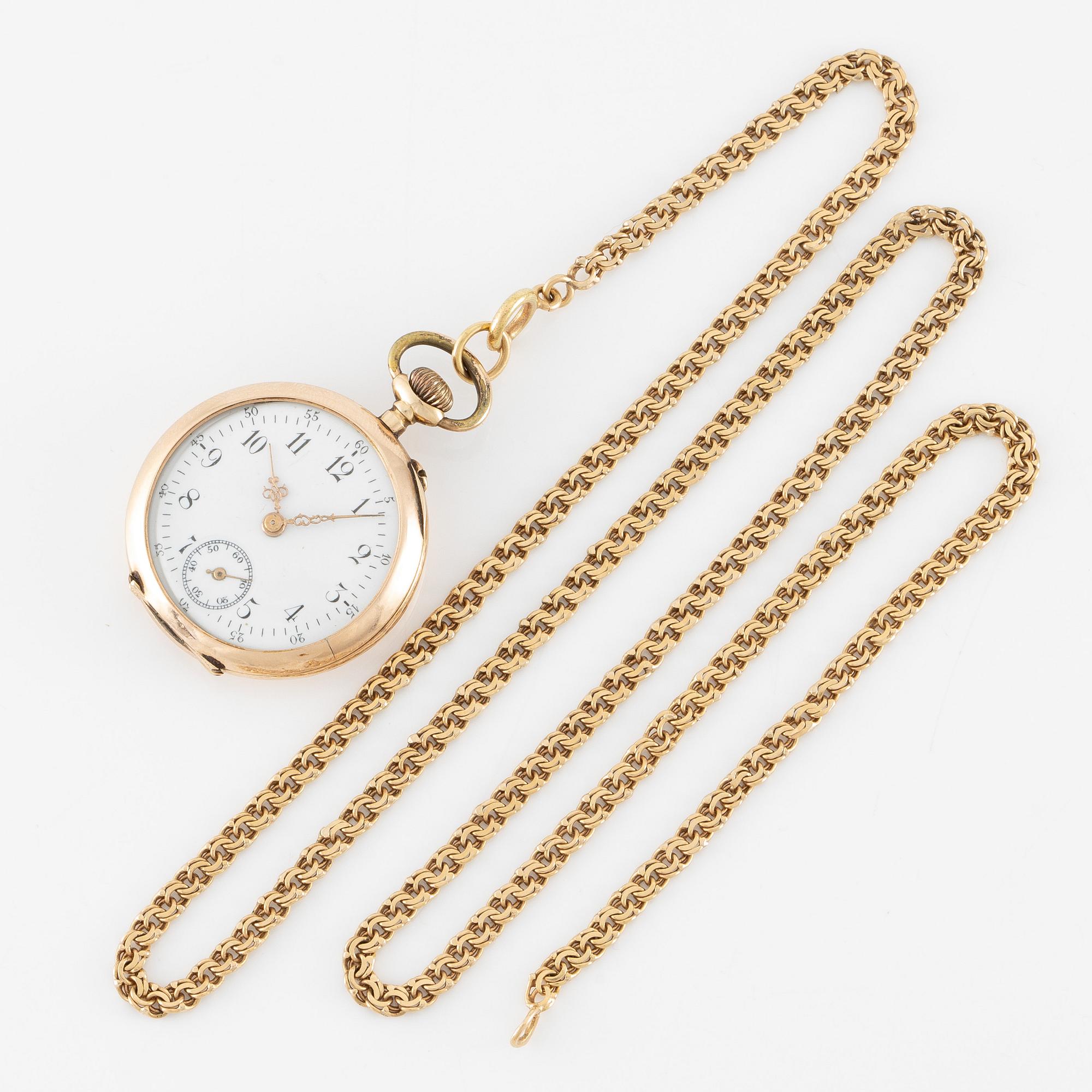 Pocket watch, 14K gold with chain, 32 mm.