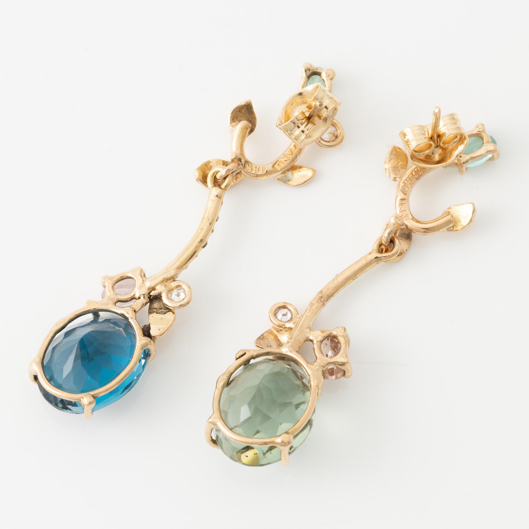 Earrings 18K gold with green quartz, blue topaz, apatite, and tourmaline and diamonds.