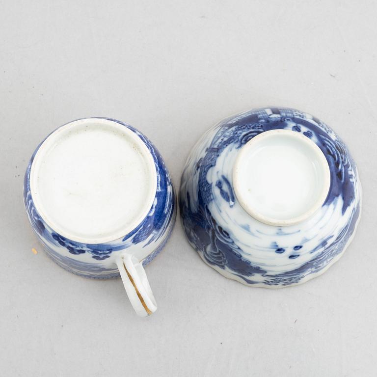 Three small porcelain plates and a cup with saucer, China, 18th century, and an English 19th century cup with saucer.