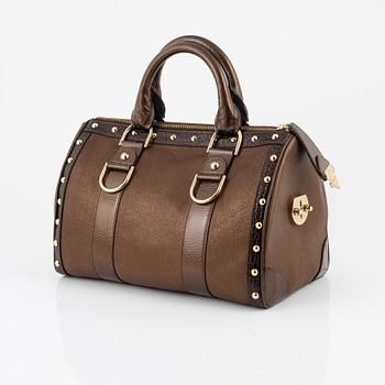 Versace, a bronze metallic leather handbag.