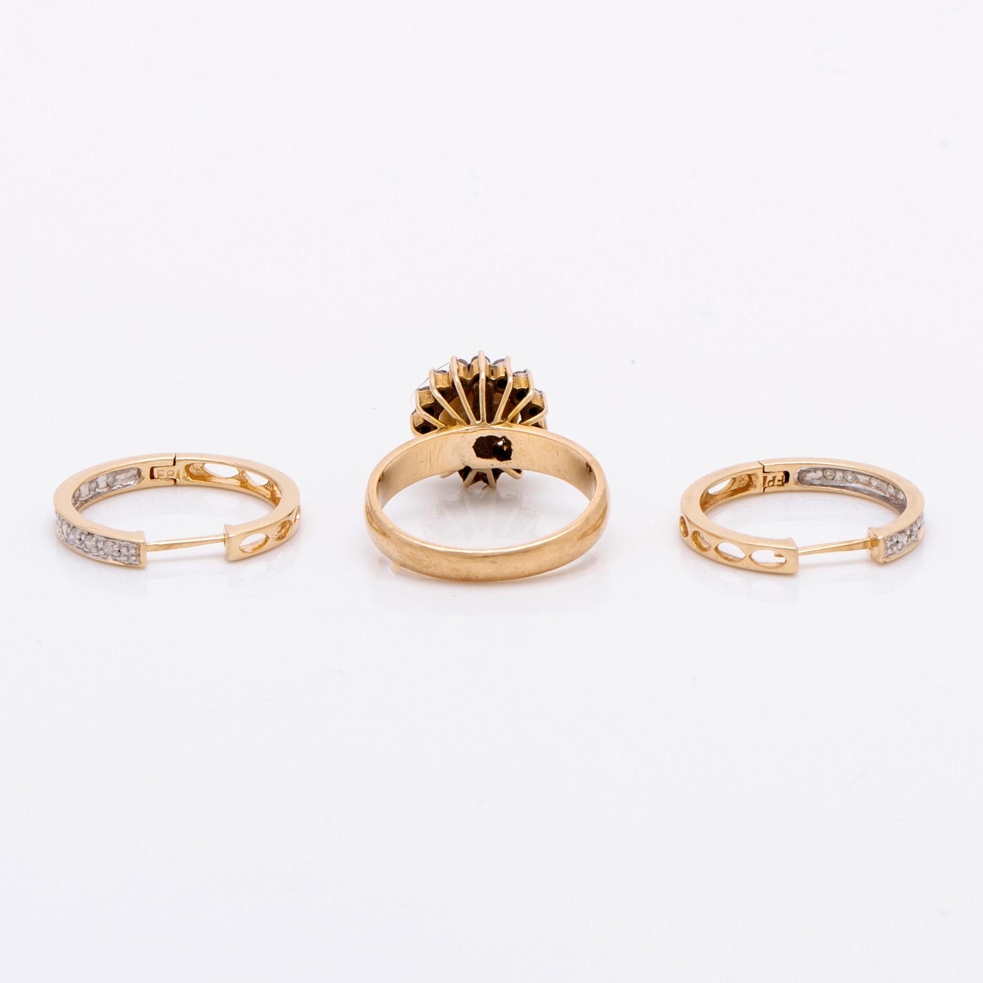 Örhängen/creoler 14K guld diamanter 8/8, ring 14K guld 1 odlad pärla ca 7 mm och briljanter ca 0,10 ct totalt.