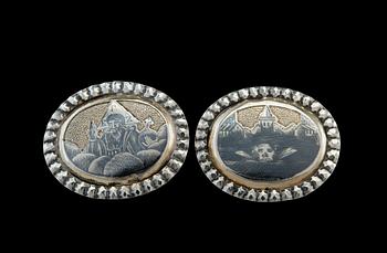 2 BADGES, gilt silver, niello. Moscow 1827. Master mark A.G. Measurements 34 x 41 mm. Weight 33,5 g.