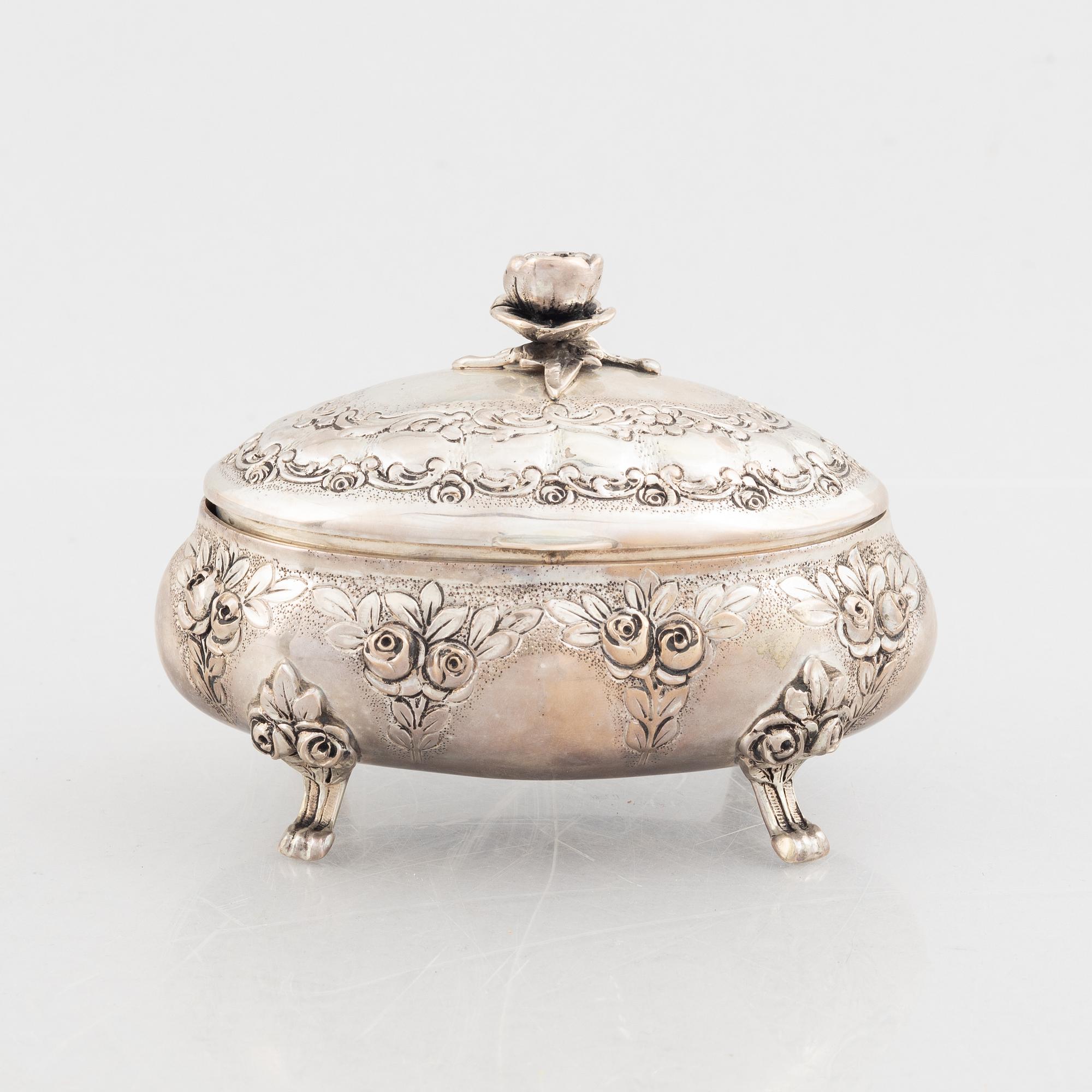 Sugar box, silver 830, Swedish import mark, and sugar tongs, sterling silver, Georg Jensen, Denmark.