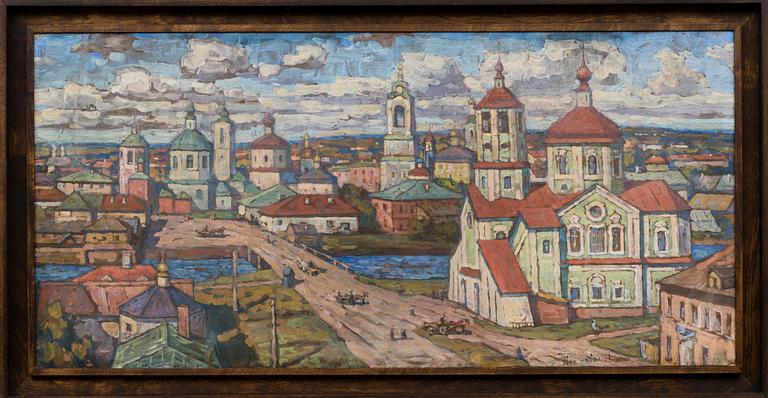 Piotr Ivanovich Petrovichev, VIEW OF TOROPETS. Signed indistinctly. Tempera on board. 46x95 cm.