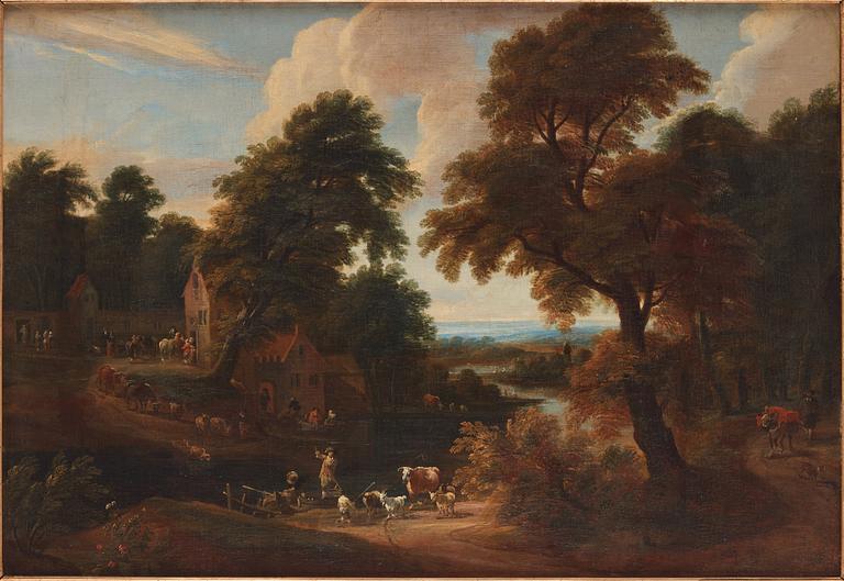 Gaspar de Witte Circle of, Extensive landscapes with figures beside a village, a pair.