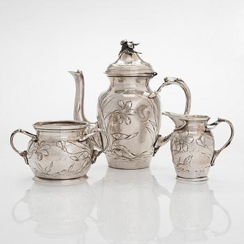 A three-piece coffee set, silver-plated brass, Jugend, Dupper & Bernhold Esslingen, Germany.