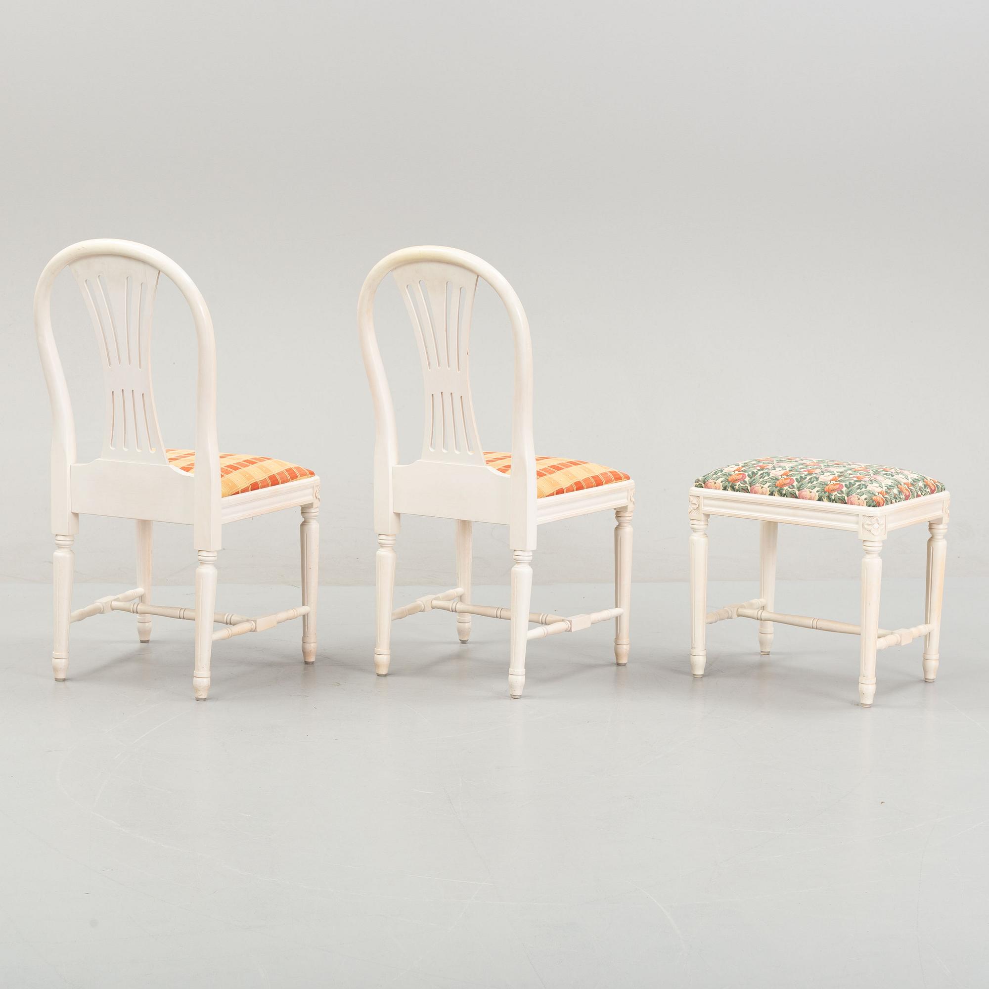 A dining table with eight chairs and a stool, Gustavian style, second half of the 20th Century.