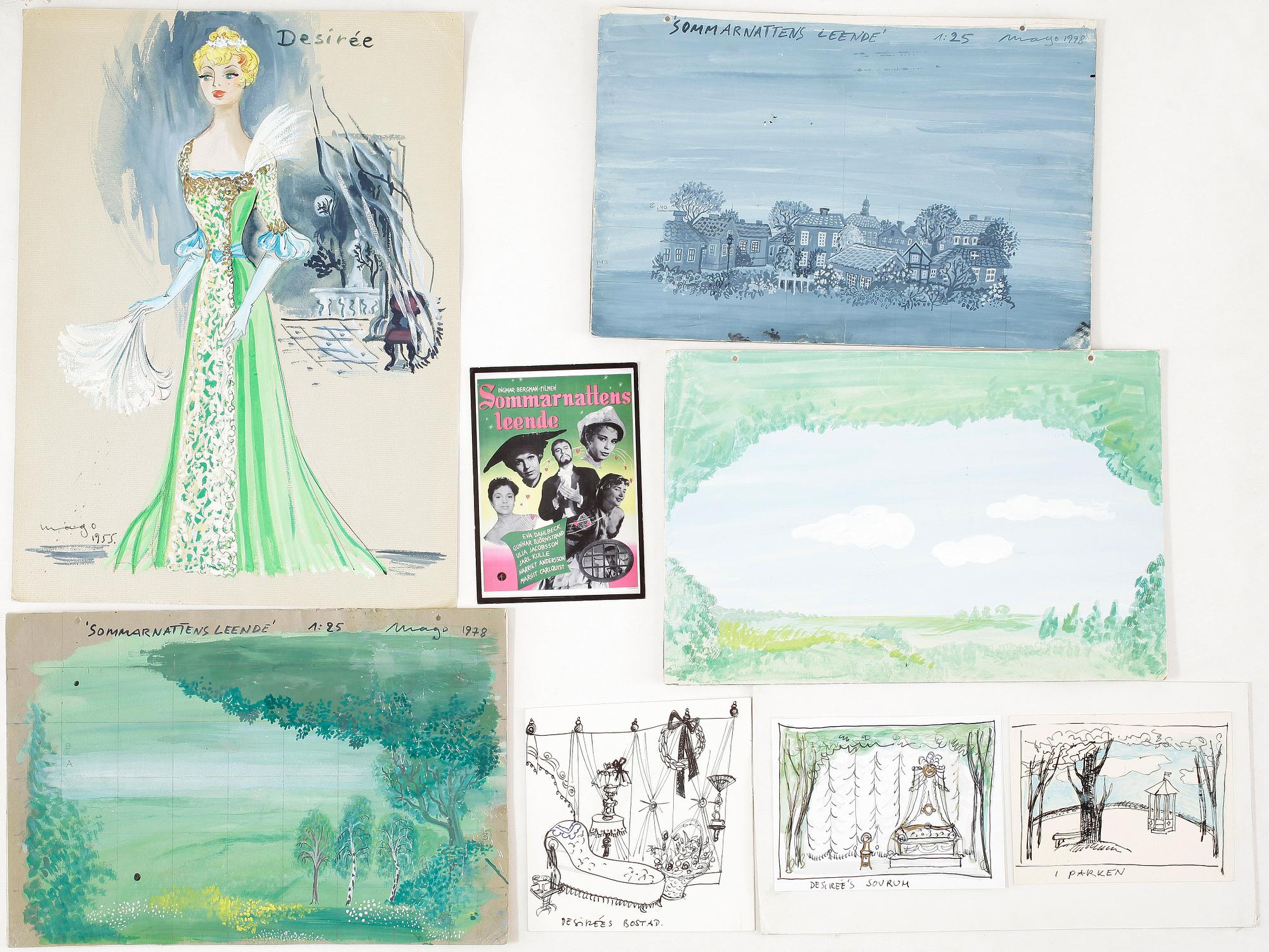 MAX GOLDSTEIN (MAGO), ca 35 st, dräktskisser, teckningar, blyertsskisser, "Sommarnattens leende", dat 1978.
