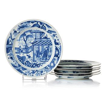1169. A set of six blue and white dishes, Qing dynasty, Kangxi (1662-1722).
